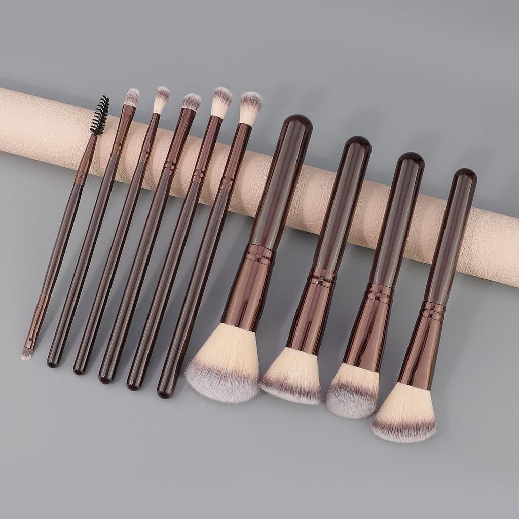 10-Piece Makeup Brush Set with Flat Foundation, Powder, Contour, and Eyeshadow Brushes.