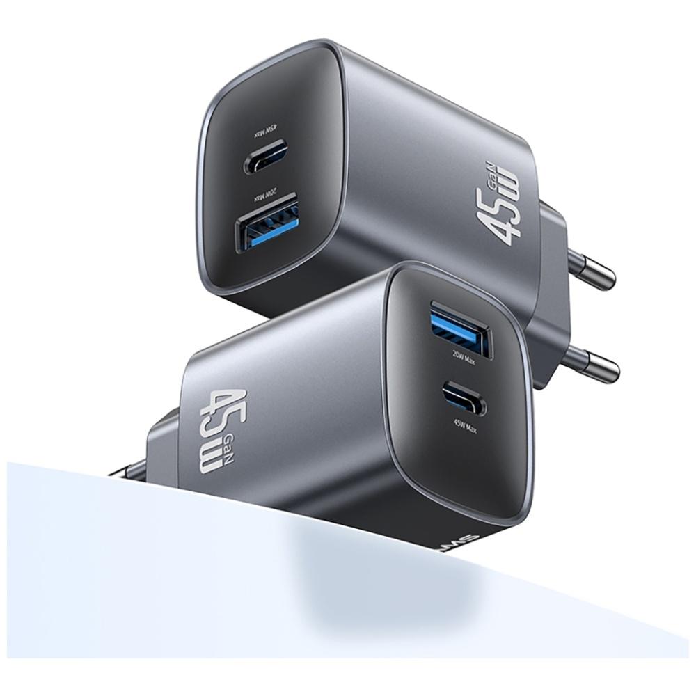 USAMS CC290 T66 45W GaN Wall Charger 1xUSB-A 1xUSB-C Silver