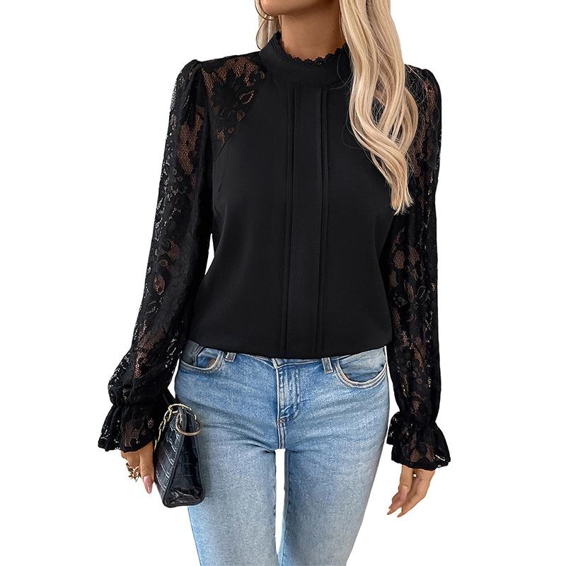 2025 New Autumn Versatile Sexy and Elegant Half Turtle Neck Solid Color Lace Long-sleeved Women's Shirt