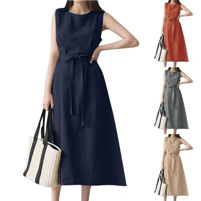 Women's Fashion Loose Bohemian Sleeveless Round Neck Solid Color Cotton Linen Belt Sleeveless Long Dresses