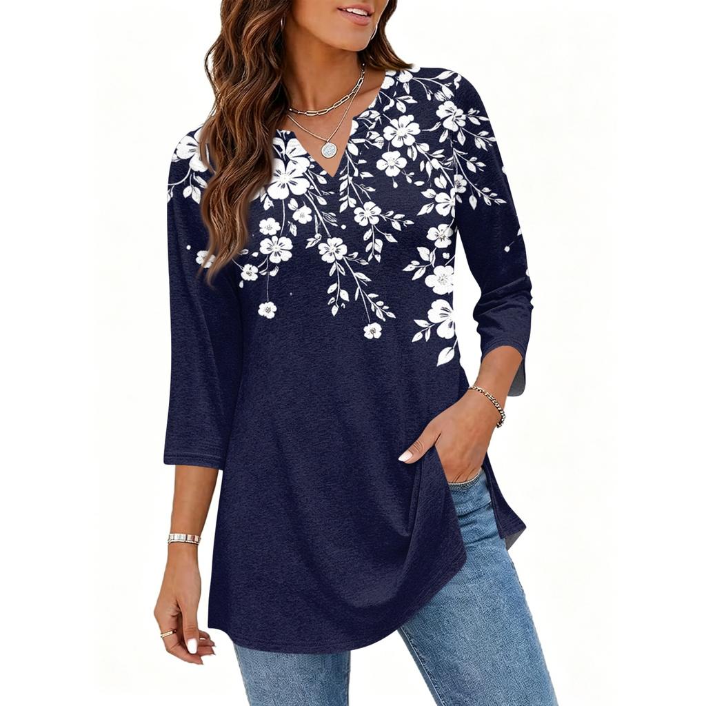 Womens Casual V Neck 34 Sleeve Pullover Tunic Top Floral Print Loose Fit Mid Length Blouse for Daily Wear