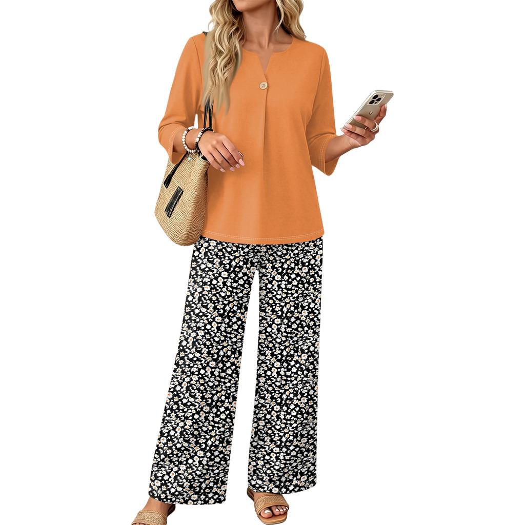 Women Casual Button Front Top with Three Quarter Sleeves and Printed Wide Leg Pants Two Piece Set Lightweight Comfortable Outfit