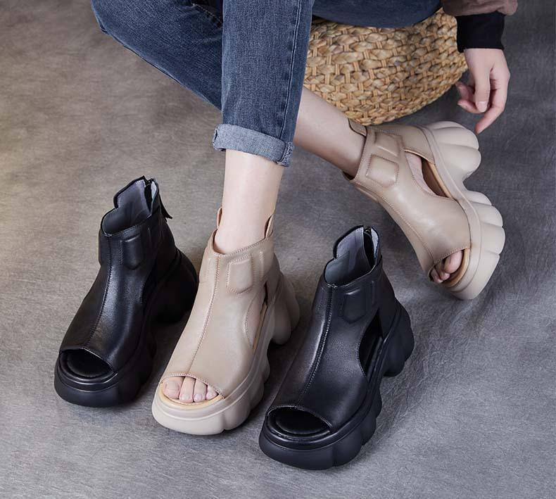 2025 spring and summer new first-layer soft leather muffin thick-soled cool boots high-heeled retro casual versatile thick-heeled fish-mouth sandals