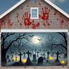 Halloween garage door banner featuring a spooky graveyard scene with bats, full moon and skull decorations