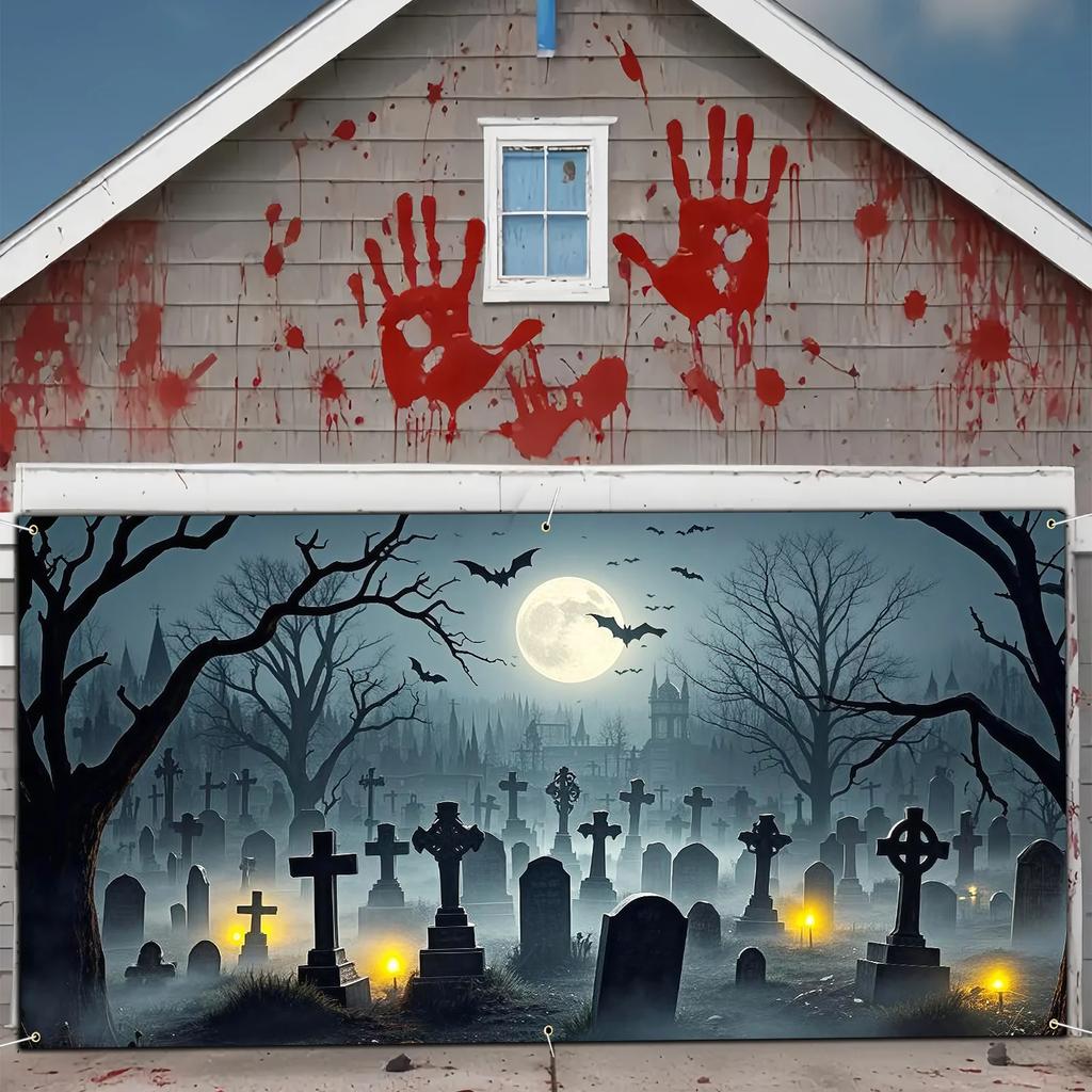 Halloween garage door banner featuring a spooky graveyard scene with bats, full moon and skull decorations