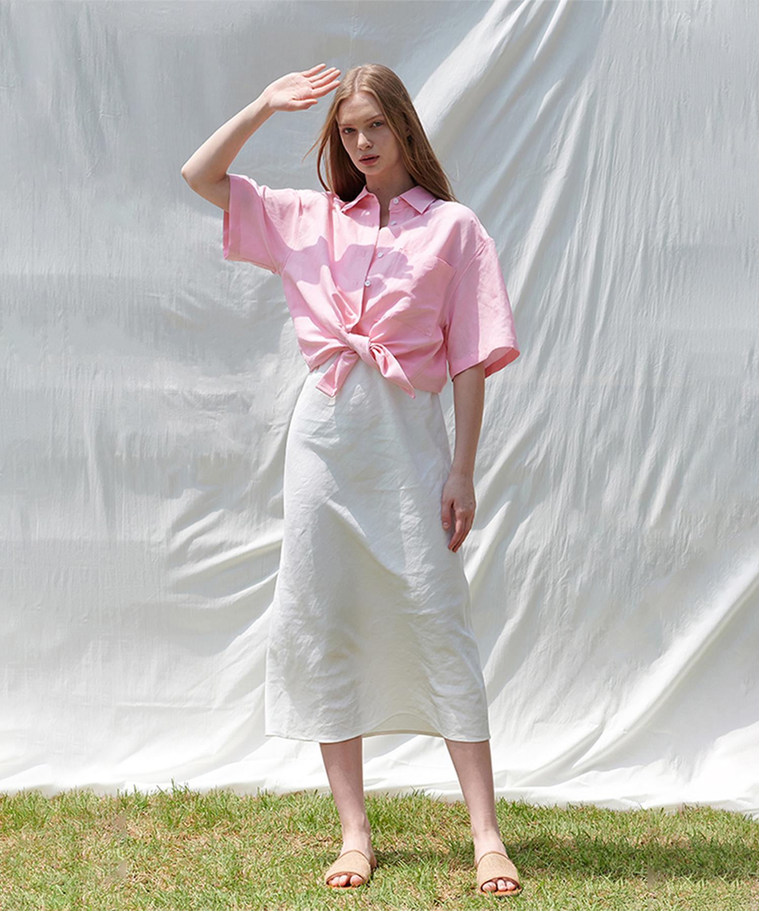 Pin Black Semi-Overfit Linen Half-Sleeve Shirt Pink Pink/Free