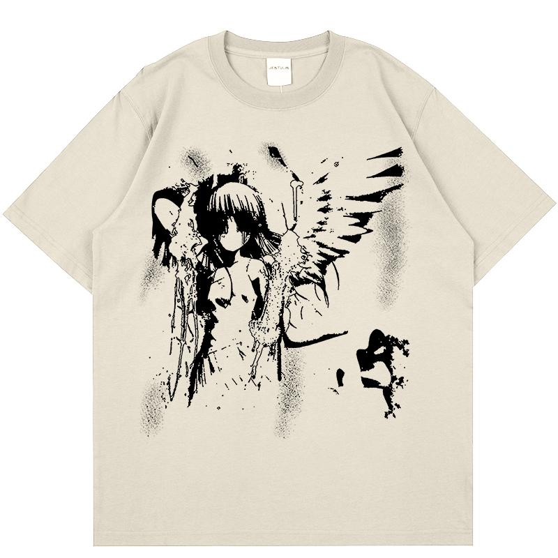 2025 Trend Harajuku Japanese Anime T-shirt Cartoon Angel Wings Graphic T-shirt 100 Cotton Y2K Top Street T-shirt