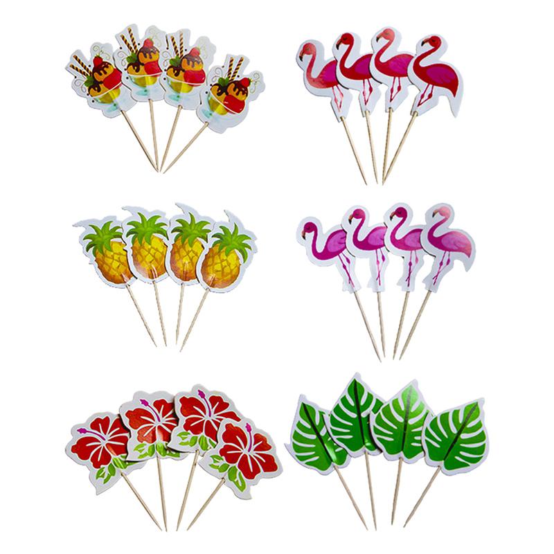 24Pcs Luau Cupcake Toppers Hawaiian Toothpicks With Flamingo Pineapple Palm Leaves Shape Picks Tropical Summer Beach Party Decor