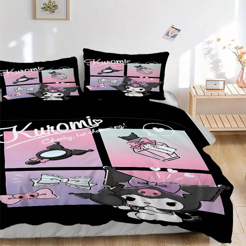 

3pcs Sweet Heart Kuromi Quilt Cover Set (1 Quilt Cover + 2 Pillowcases Without Pillow Core), High-Definition Printing for Home and Dormitory.S099 135x200cm