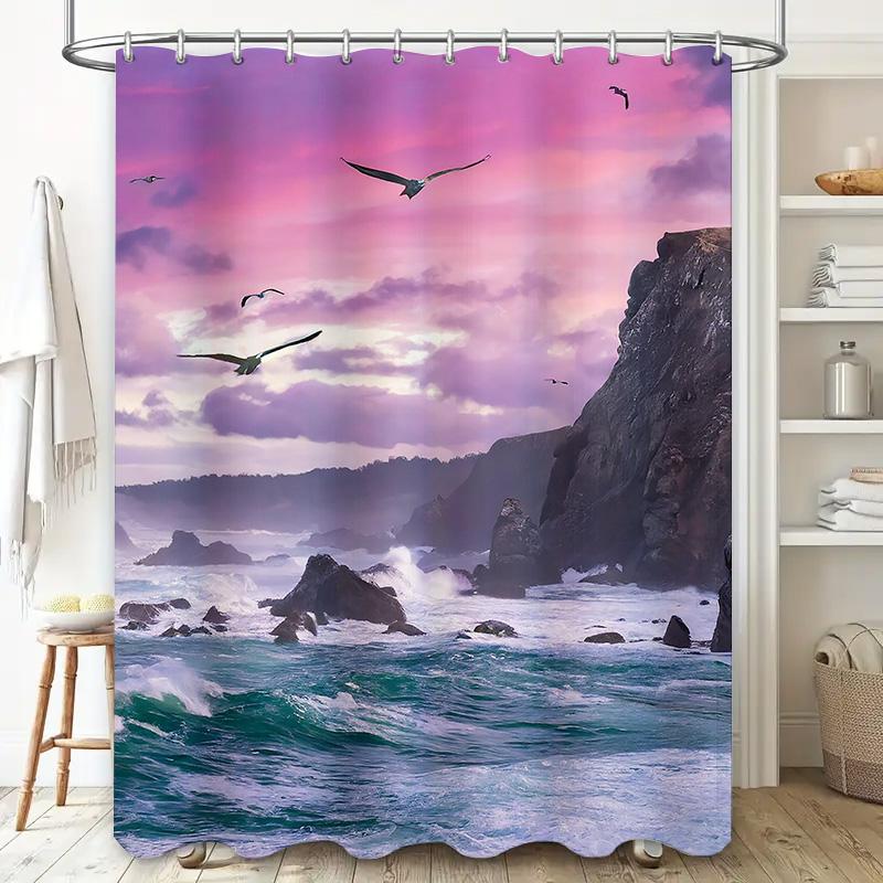 Beach Shower Curtain with Ocean Waves Design Waterproof Fabric for Bathroom Decoration Pink Sky Background Seagulls Print In 3D