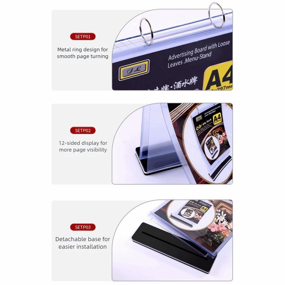 Clear PVC Menu Display Stand Sturdy Base Tabletop Loose-leaf Rack Pageable Folder Retail Stores