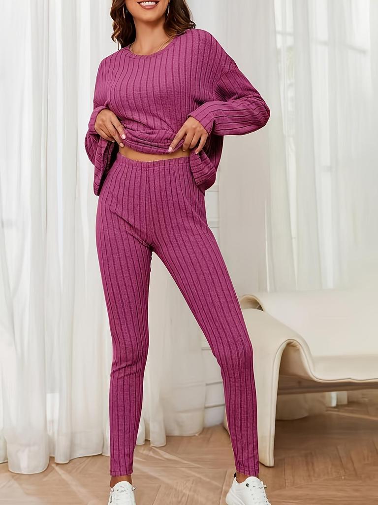 2025 Autumn Women's Casual European & American Knit Suit Set - Loose, Round Neck, Ribbed Design