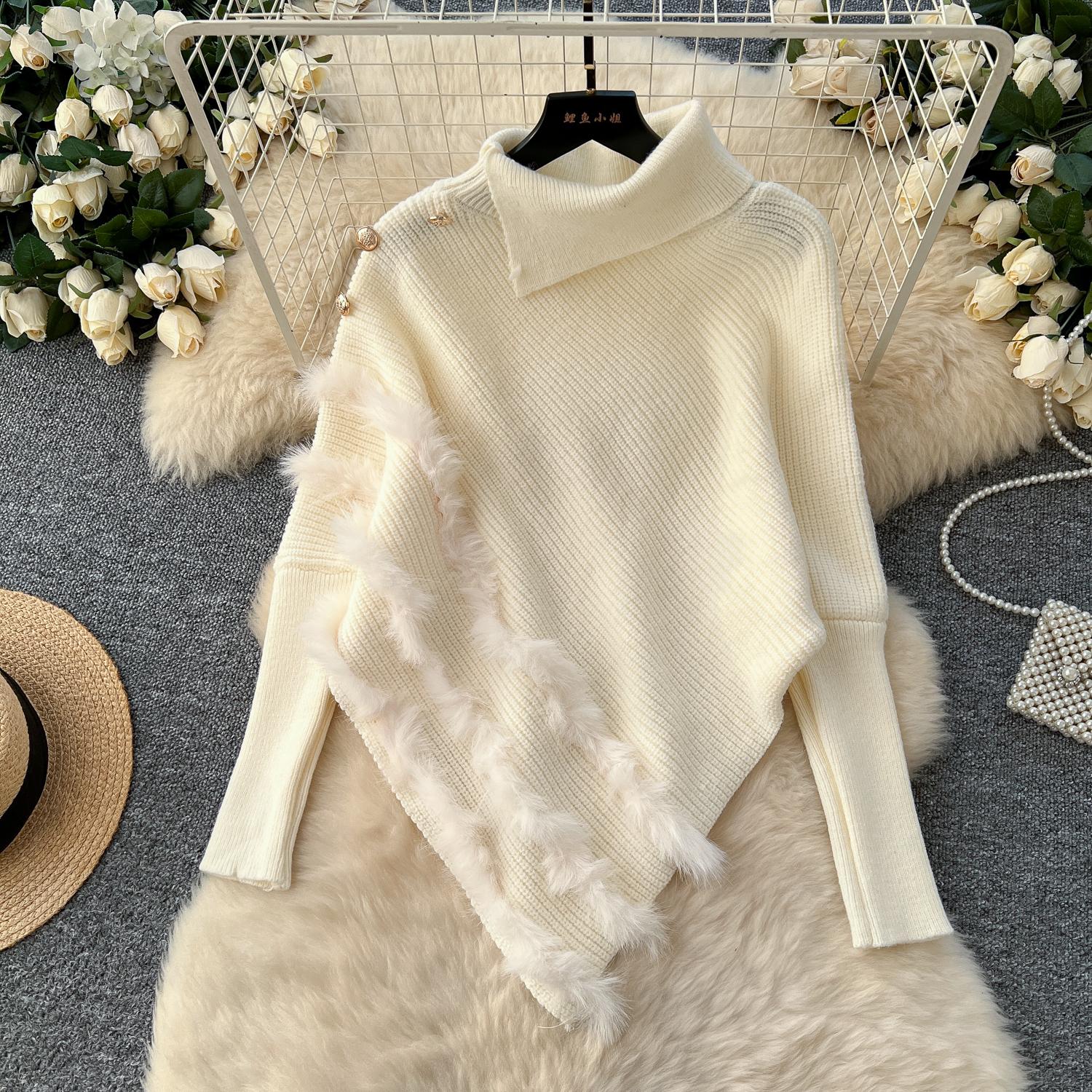 

Осень-зима теплый вязаный свитер водолазка пуловер топы женские модные длинные рукава джемперы с искусственным мехом One Size абрикосовый