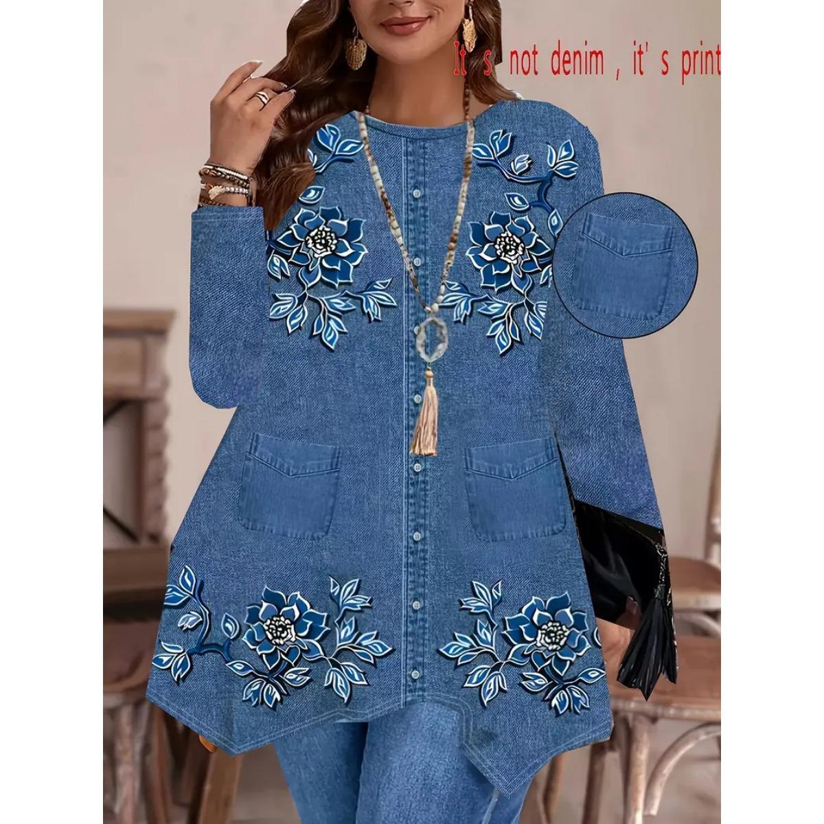 Plus Size Women s Imitation Denim Print Long Sleeve Irregular Hem T-shirt Dress, Autumn Outfit 1XL синий