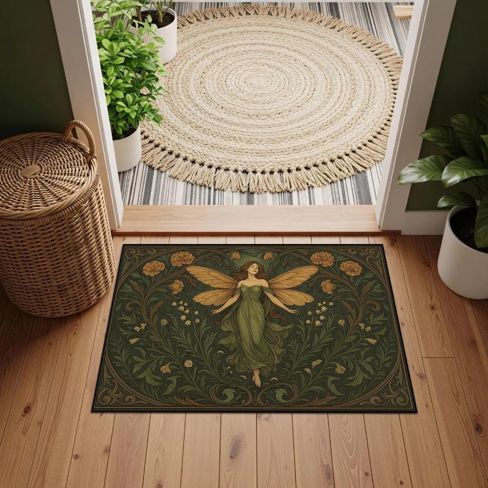 Vintage Feenpilz Sonne Mond Wirbel Himmel Blumiger Rand Rutschfester Teppich Cottagecore Hexe Waschbarer Innenraumteppich