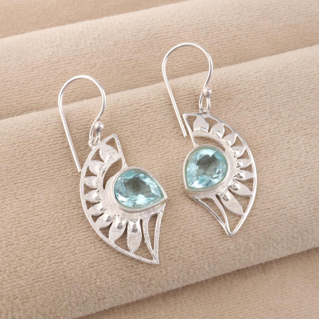 Natural Sky Blue Topaz Gemstone 925 Sterling Silver Jewelry Women Dangle Earring 1.5" CE-26-2