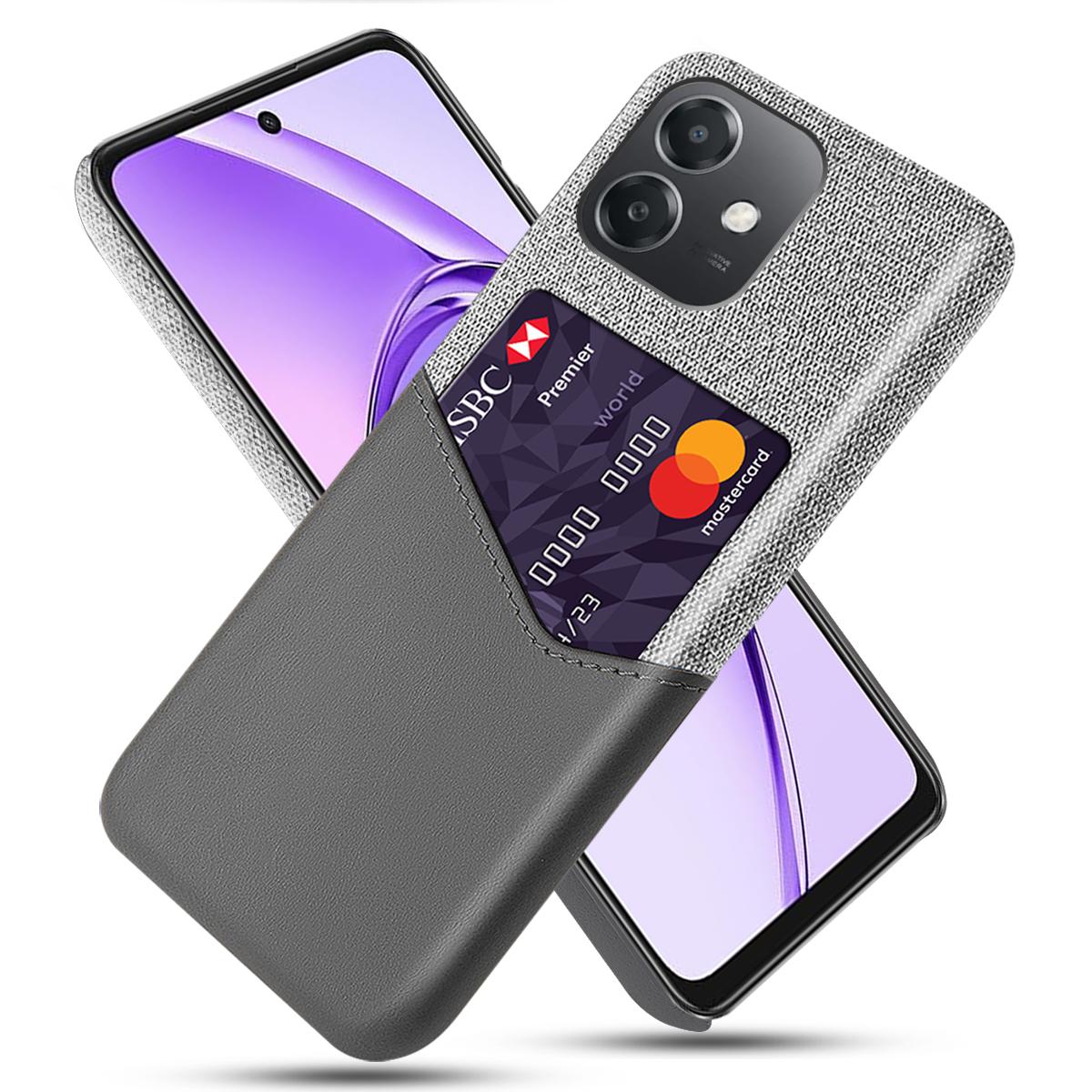 

For Oppo A3x 5G (India) Case Cloth Texture PU Leather Hard PC Card Slot Phone Cover Grey