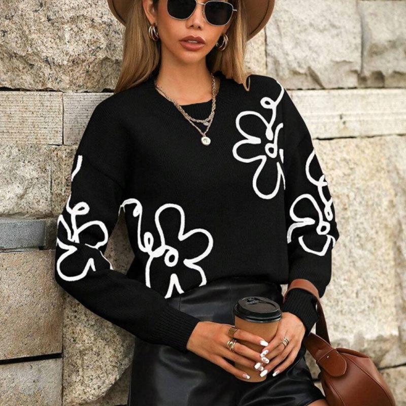 Cross-border Europe, America, Autumn and Winter New Women's Sweater Fashion Flower Three-dimensional Embroidery Round Neck Pullover Long Sleeve