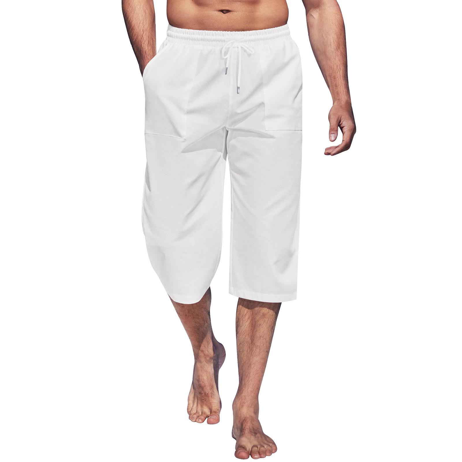 

Men s Linen Pants Casual Lightweight 3/4 Baggy Pants Drawstring Elastic Waist Beach Yoga Pants With Pockets XL