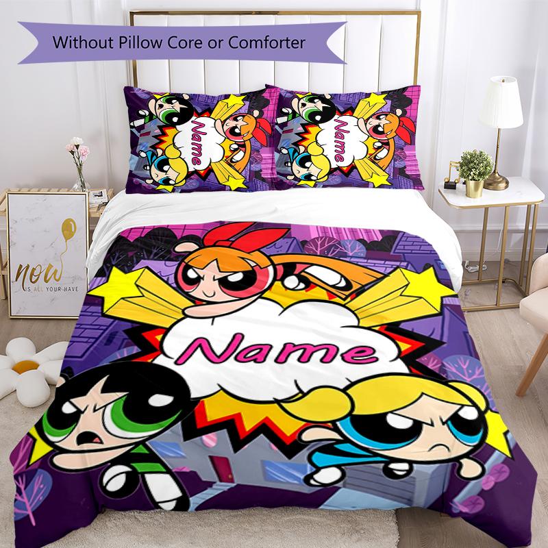 3pcs Custom Name The Powerpuff Girls Bedding Set Duvet Cover Closure Includes 1 Duvet Cover & 2 Pillowcases for All Seasons Bedroom Decor