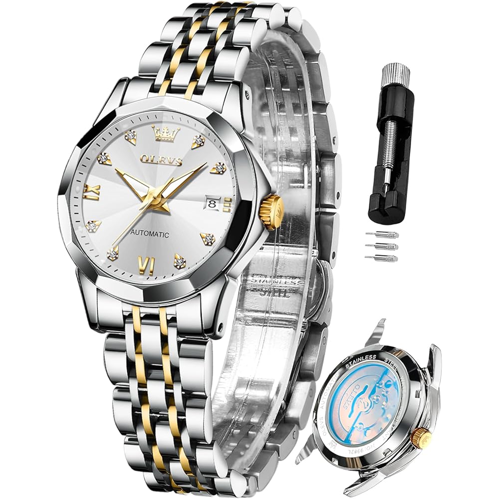 OLEVS Women s Automatic Watch Diamond Stainless Steel Luminous Waterproof Two-Tone Band White Dial