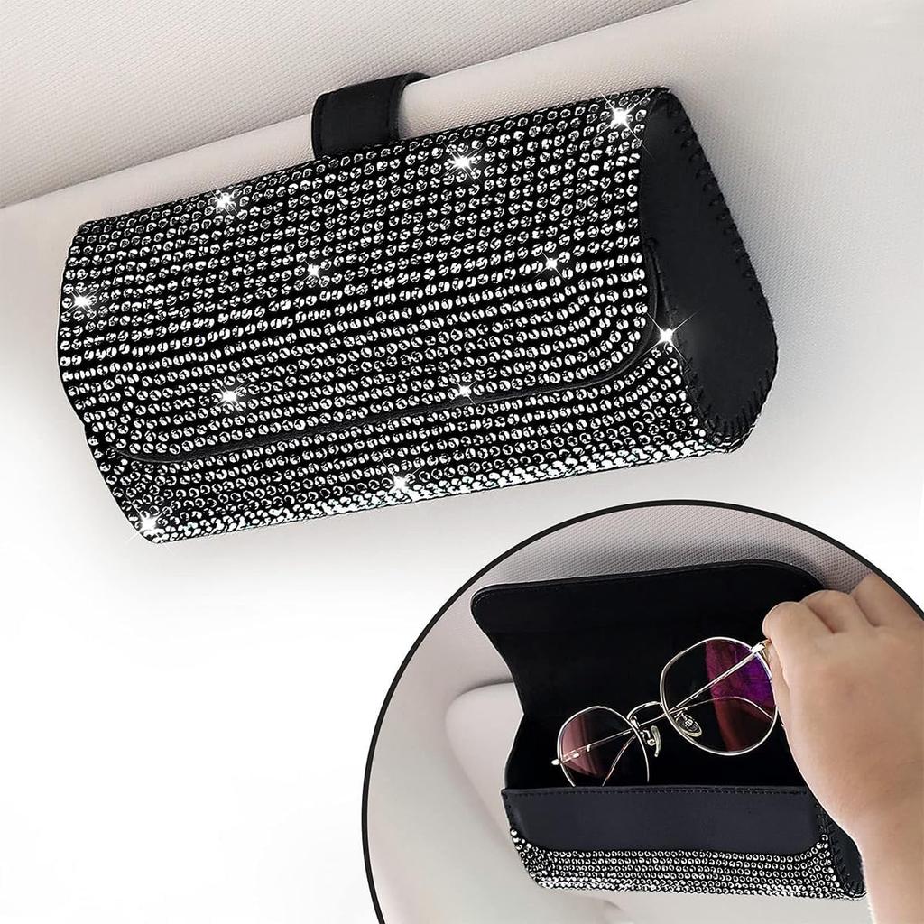 Bling Car Sunglass Holder For Sun Visor, Sparkling Crystal Leather Automotive Eyeglasses Mount Clip Organizer With Hidden Magnetic Closure For Men