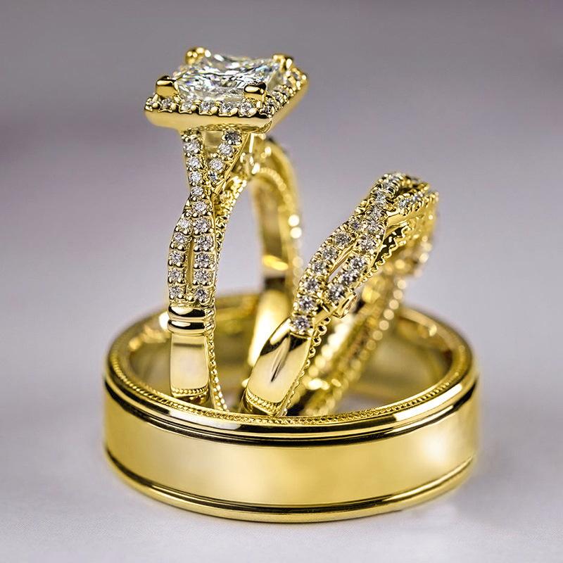 Ring Set with Geometric Inlay, Full of Zirconia Stones, Designed As a Pair of Rings, Versatile and Elegant Plain Band Ring