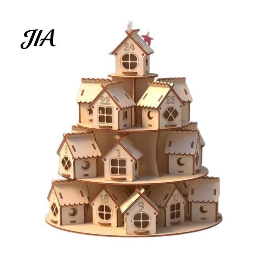Weihnachtsparty Dekoration Holz Adventskalender, 24 Haus Countdown Display Ständer mit Baum Kalender Form, Festlicher Feiertag Tischplatte Regal