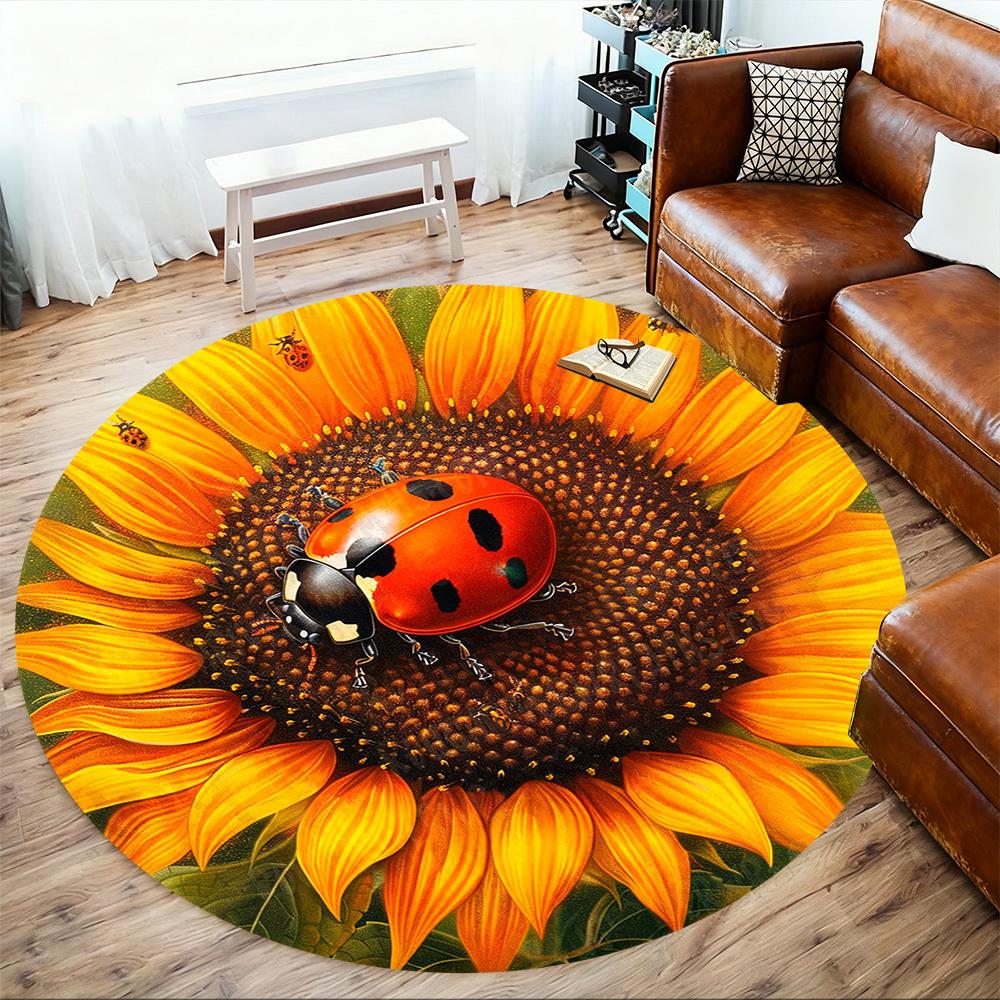 1 Stück Marienkäfer Sonnenblume Büro Runder Teppich, Unter Bürostühlen Schlafzimmer Wohnzimmer Heimdekoration, Teppich für Büro -1110047