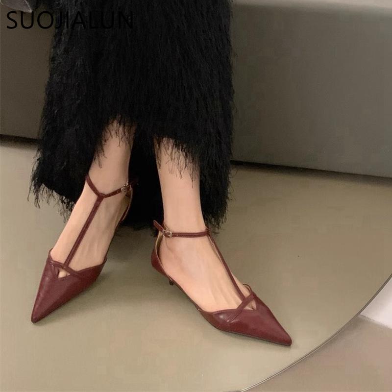 Fashion SUOJIALUN Spring New Women Sandal Fashion Pointed Toe Shallow Ladies Elegant Slingback Shoes Thin Low Heel Outdoor Dress Pumps