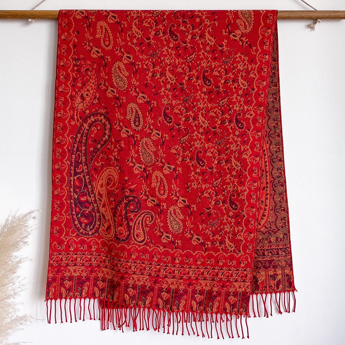 

Шарф жіночий верхній в етнічному стилі імітація кашеміру шаль для подорожей по пустелі та узбережжю теплий шарф з візерунком кеш ю тонкий 200x65cm червоний