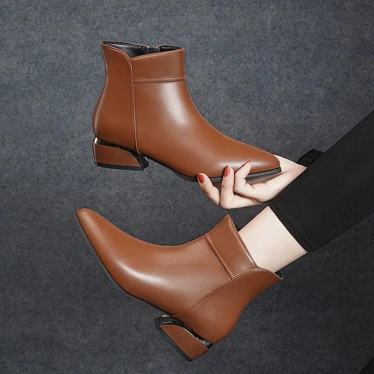 Women's Boots Fashion Casual Leather Boots Pointed Toe Office Formal Shoes for Women Zipper Ankle Boots Botas De Mujer
