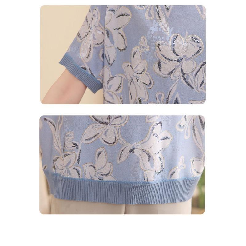 Womens Floral Print Knit Top Short Sleeve Crew Neck Casual Blouse