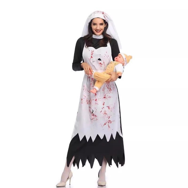 Halloween Costume Adult Horror Bloody Nun Zombie Suit Ladies Zombie Suit Irregular Long Dress