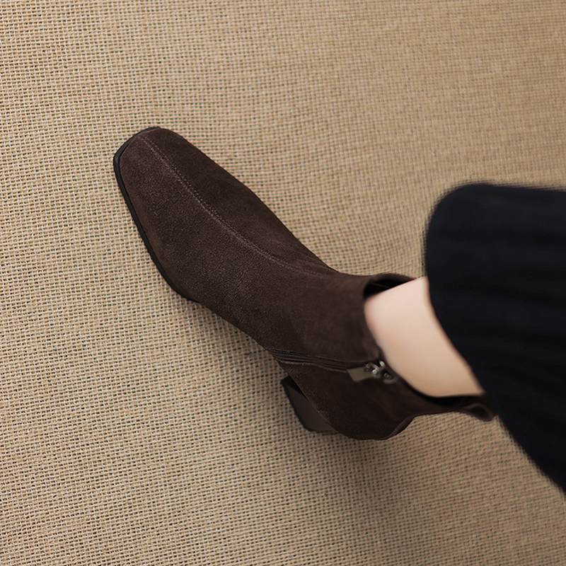 Krazing Pot Cow Suede Nubuck Winter Square Toe Modern Boots Thick High Heels Zipper Women Ankle Boots