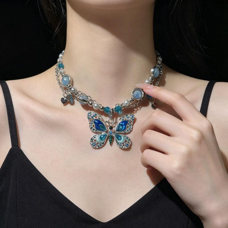Spice Girl Blue Butterfly Tassel Diamond Beaded Necklace Female Niche Temperament Retro Design Sense Premium Necklace
