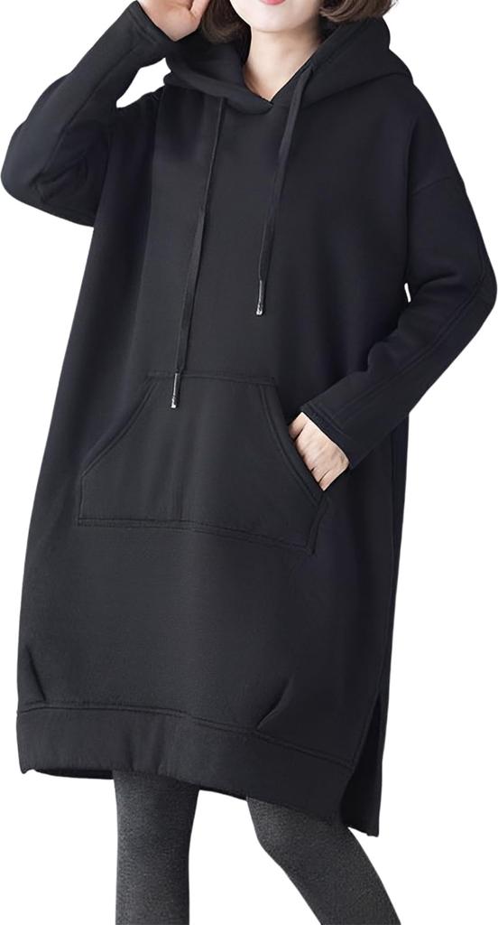 Doors Long Pullover Loose with Hoodie, Sleeve, Fleece-Lined, Figure-Flattering, Dress, Fit, Pockets, Black, 4A-B03-BKL