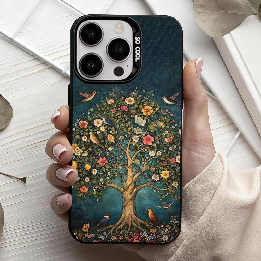 W-World L-Life Tree Mobile Phone Case For iPhone17,16,15,14,13,12,11 Plus,Pro Max Black Candy Silver Plated Cover