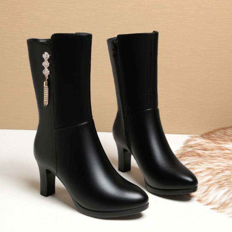Women High Boots Autumn New Comfort Thick Heel Side Zipper Pointed Fashion High Heel Shoes Female Thick Plush Warm Winter Boots