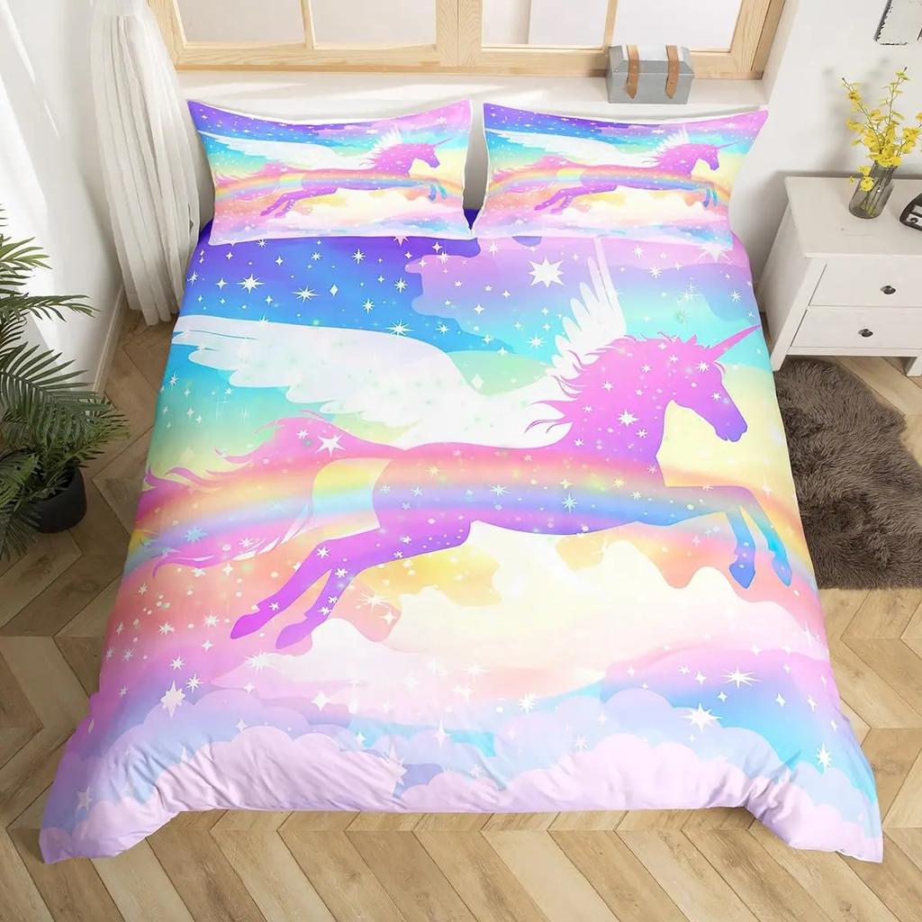 Unicorn Bedding Set Full QueenCartoon Rainbow Animal Comforter Cover Kids Girls Glitter Unicorn Duvet Cover Kawaii Quilt Cover