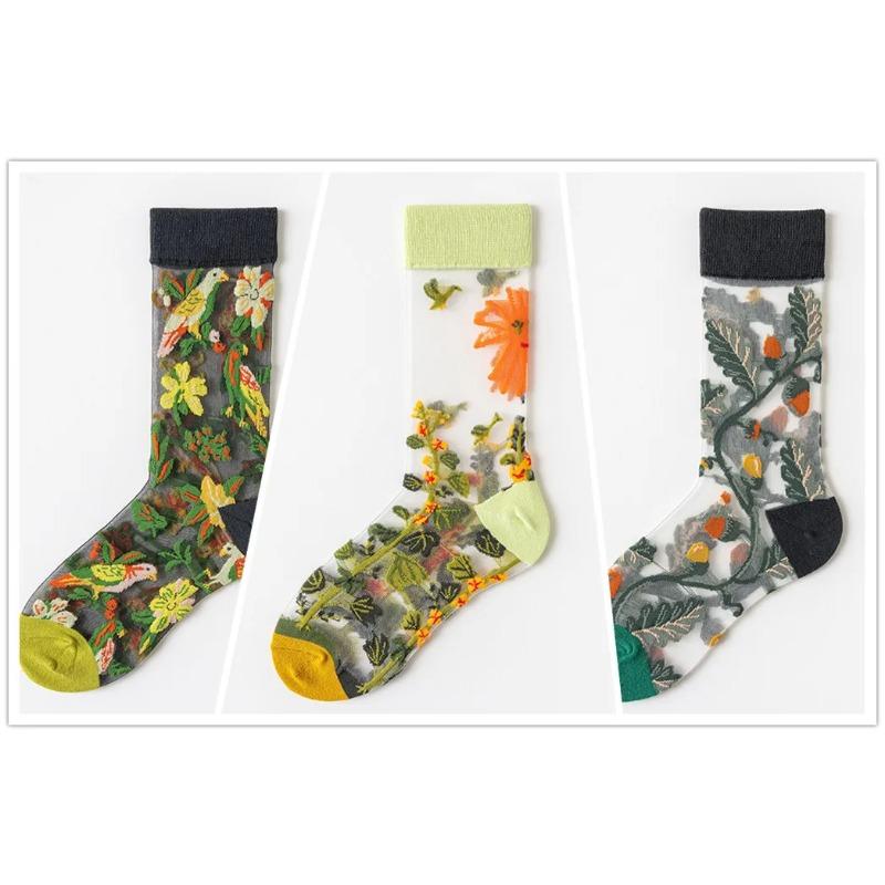 3 Pares Nuevos Set de Calcetines Transparentes Lindos de Gato para Mujer Coreanos Florales Animales Verano Delgados Kawaii Set de Calcetines de Seda para Mujer