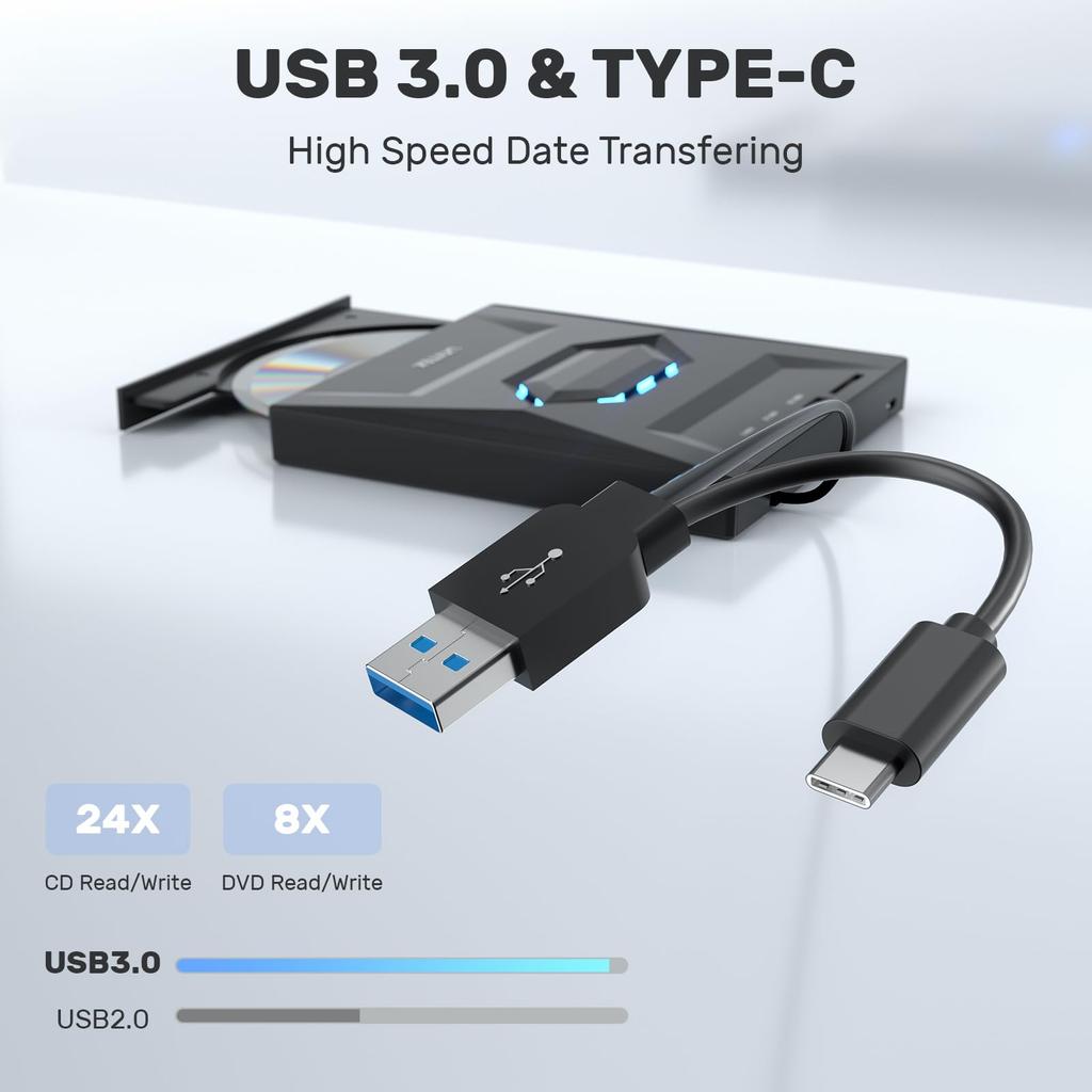Unitek Improved Light-Up Version Game Console Style Multifunctional External CD/DVD Drive with USB Hub Function, USB 3.0/Type C Port, Portable Drive,