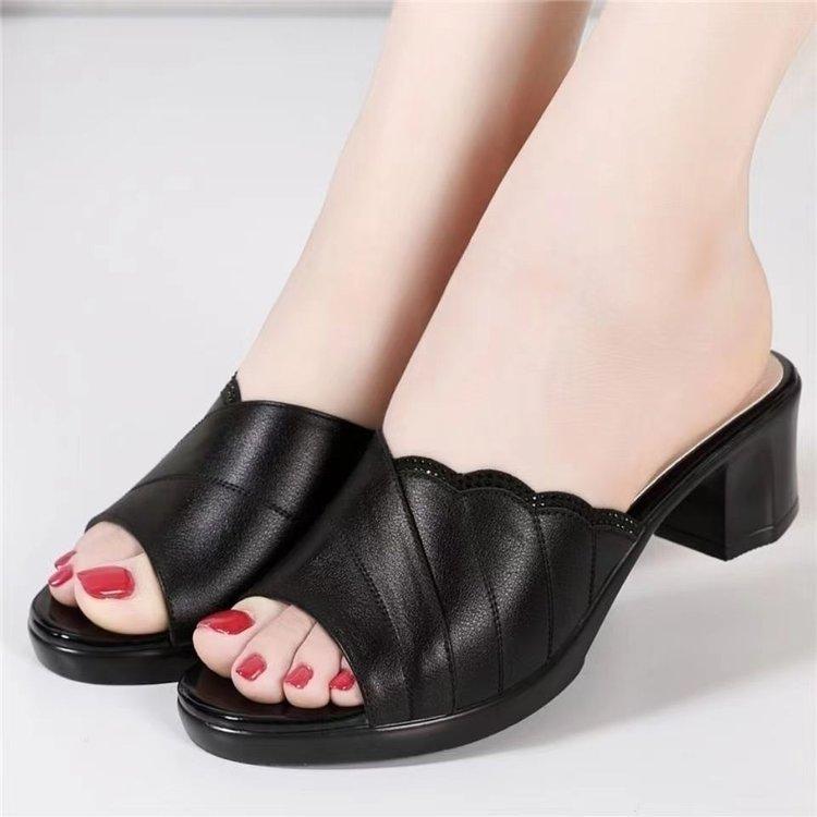 Women's medium-heeled high-value high-heeled slippers Women's 2025 summer new fashionable and versatile outer wear fish mouth one-word slippers