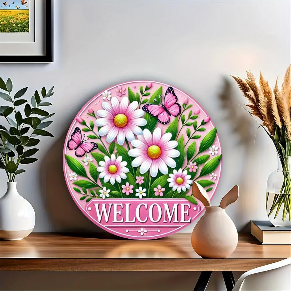 Vintage Pink Butterfly Daisy Aluminum Wall Sign, Rustproof Round Metal Art for Home Porch Entryway Decor