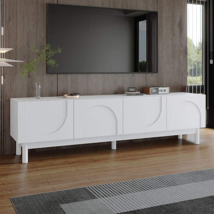 Meuble TV Blanc Moderne 169x35x45,5 cm Meuble TV Bas avec 4 Portes sans Poignée, Rangement et Pieds en Bois Massif - Design Ondulé