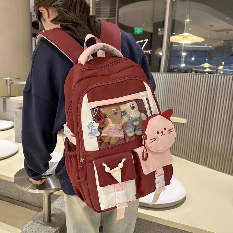 Large Capacity Student Schoolbag Women's Cat Pattern Backpack Color Contrast Backpack with Coin Purse