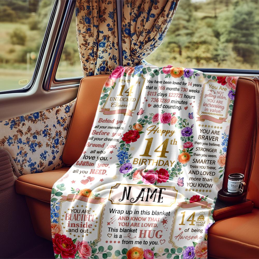 14Th Birthday Celebration Blanket Personalized Name Soft Comfortable Stylish Blanket Car Blanket Perfect For Travel Camping Outdoor Home Suitable For