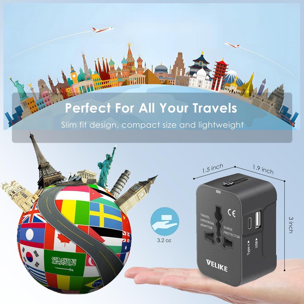 VELIKE Travel Adapter, Worldwide Compatible, with 1 USB-C and 1 USB-A Port, COBFA Type Converter, Multi-Conversion Plug, Power Adapter for 200+