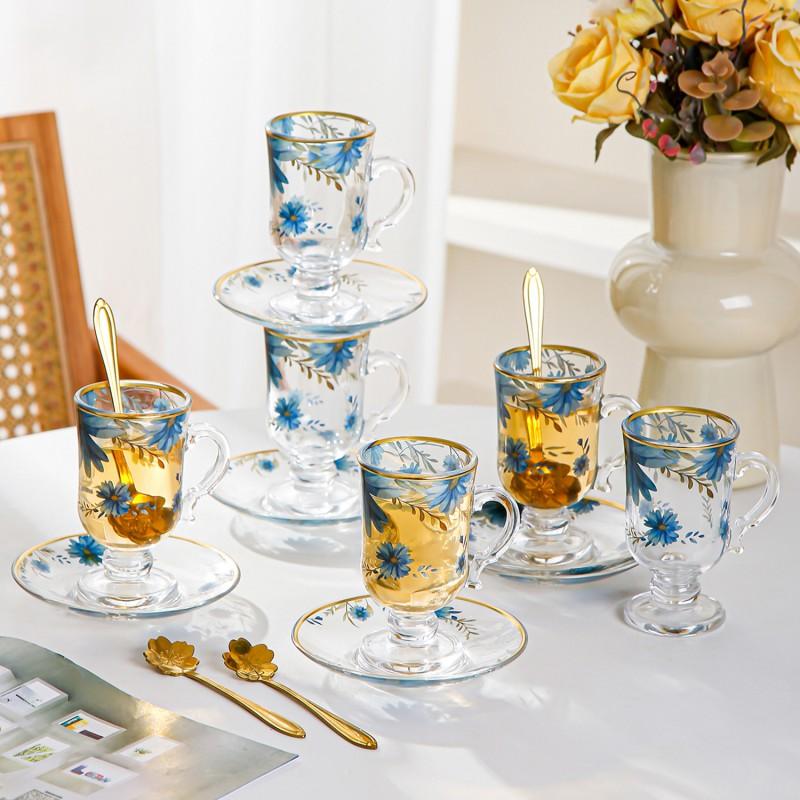 French Vintage Floral Glass Coffee Cup Set 120ml Heat Resistant Tea Milk Latte Home Office Use