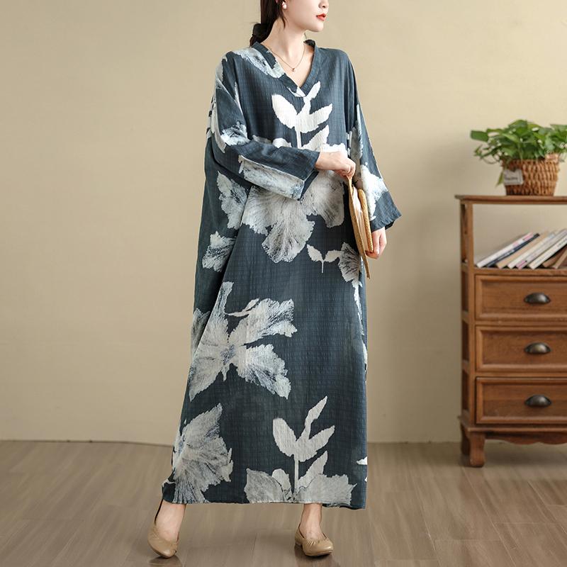 DIMANAF 2025 Women Plus Size Spring Long Dress Loose V-Neck Printing Vintage Casual Floral Oversize Long Sleeve 5060